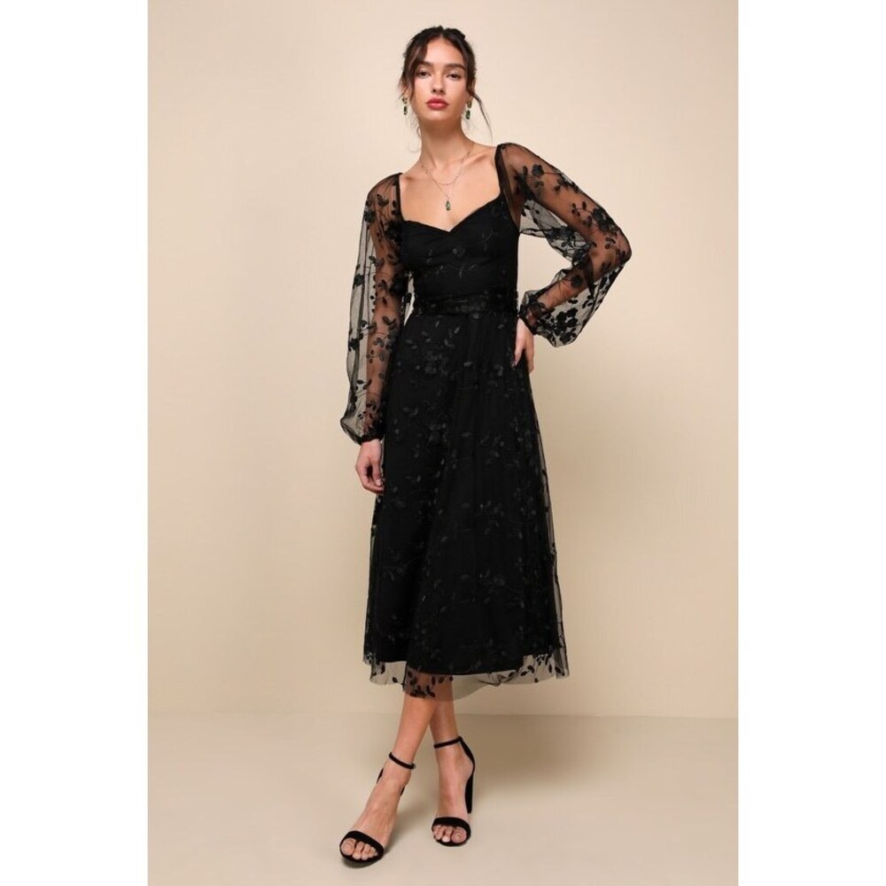 Lulus Darling Charisma Black Mesh Embroidered Midi Dress - Size XL